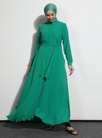 Green - Point Collar - Unlined - Modest Dress