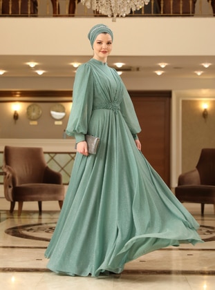 Mint Green - Silvery - Fully Lined - Crew neck - Modest Evening Dress - Ahunisa