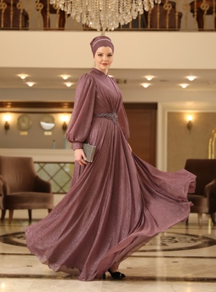 Lilac - Silvery - Fully Lined - Crew neck - Modest Evening Dress - Ahunisa