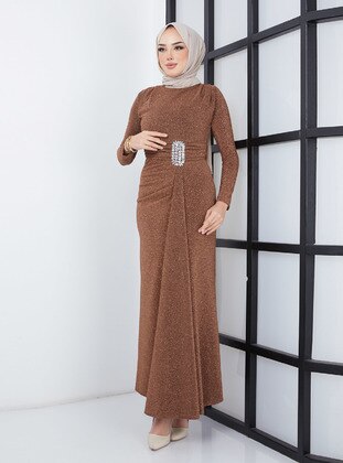 Copper - Fully Lined - Crew neck - Modest Evening Dress - Olcay