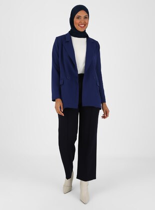 Navy Blue - Fully Lined - V neck Collar - Jacket - Safira Woman
