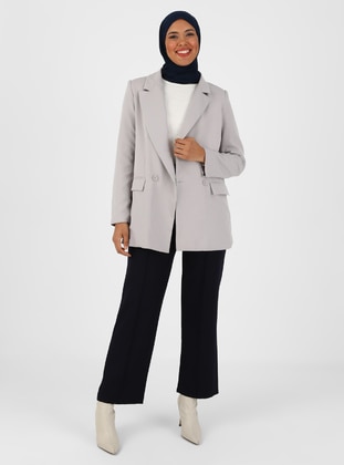 Gray - Fully Lined - V neck Collar - Jacket - Safira Woman