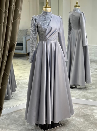 Burç Hijab Evening Dress Gray