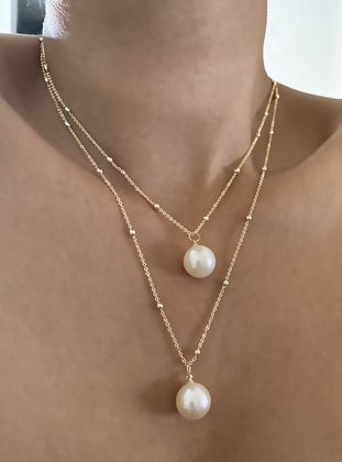Gold Color Necklace With Two Rows Of Pearl Pendants