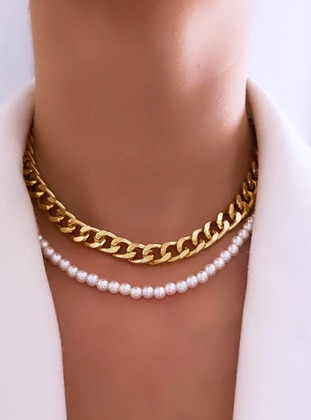 Pearl And Chain Double Row Necklace Gold Color