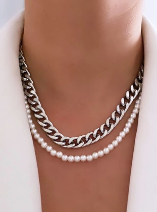 Pearl And Chain Double Row Necklace Silver