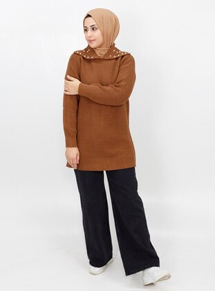 Brown - Unlined - Knit Tunics - Armağan Butik
