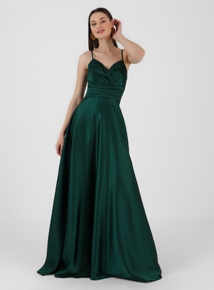 Unlined - Emerald - Double-Breasted - Evening Dresses - MEKSİLA