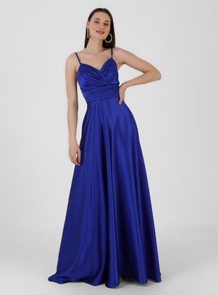 Unlined - Saks Blue - Double-Breasted - Evening Dresses - MEKSİLA