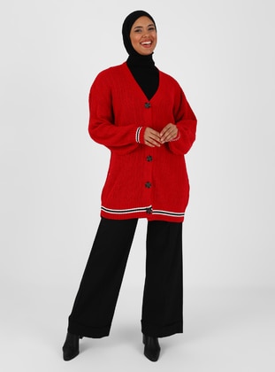 Red - Stripe - Unlined - Knit Cardigan - Vav