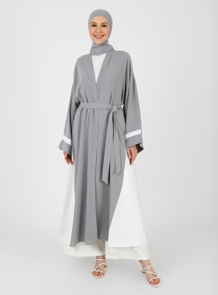 Grey - Off White - Unlined - Abaya - Refka