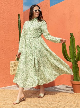 Green Almon - Multi - Unlined - Cuban Collar - Plus Size Dress - Alia