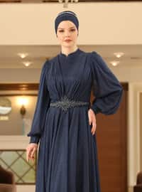 Navy Blue - Silvery - Fully Lined - Crew neck - Modest Evening Dress