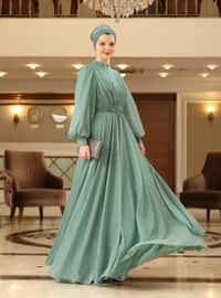 Mint Green - Silvery - Fully Lined - Crew neck - Modest Evening Dress