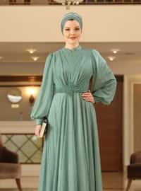 Mint Green - Silvery - Fully Lined - Crew neck - Modest Evening Dress