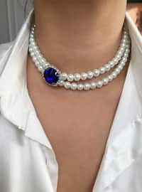 Glass Pearl Double Row Sapphire Look Abile Necklace Silver