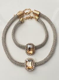 Crystal Stone Necklace Bracelet Set Gray