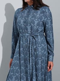 Blue Patterned - Multi - Unlined - Cuban Collar - Plus Size Dress