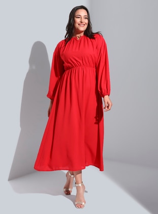Red - Unlined - Crew neck - Plus Size Dress - Alia