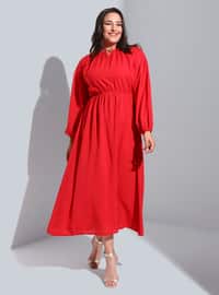 Red - Unlined - Crew neck - Plus Size Dress