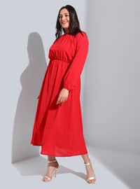 أحمر - نسيج غير مبطن - قبة مدورة - فستان مقاس كبير