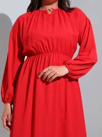 Red - Unlined - Crew neck - Plus Size Dress