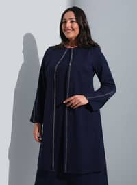 Navy Blue - Unlined - Crew neck - Plus Size Evening Dress