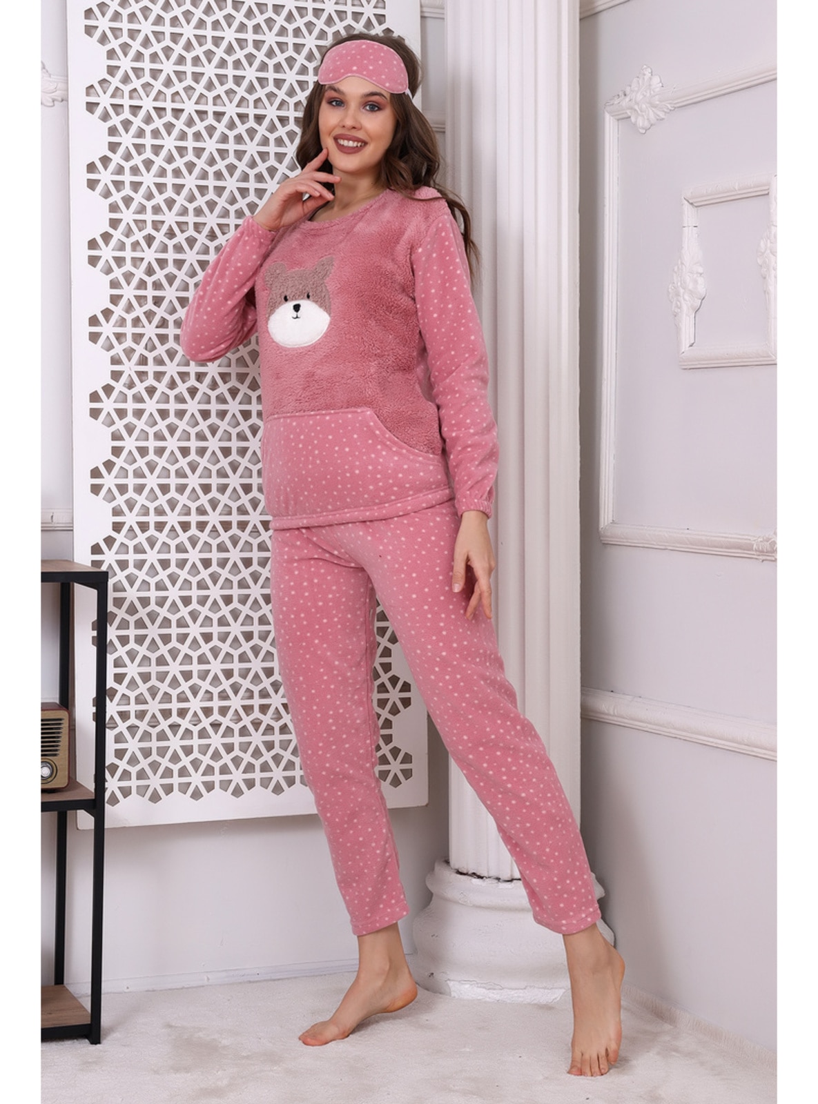 Zeeziekte Hoelahoep Clip vlinder F3010 Plush Welsoft Fleece Panda Pocket Women Pajama Set