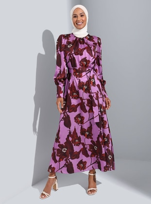 Lilac - Maroon - Floral - Crew neck - Unlined - Modest Dress - Refka