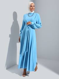 Blue - Crew neck - Unlined - Modest Dress