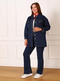 Blue - Point Collar - Unlined - Plus Size Jacket