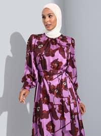 Lilac - Maroon - Floral - Crew neck - Unlined - Modest Dress