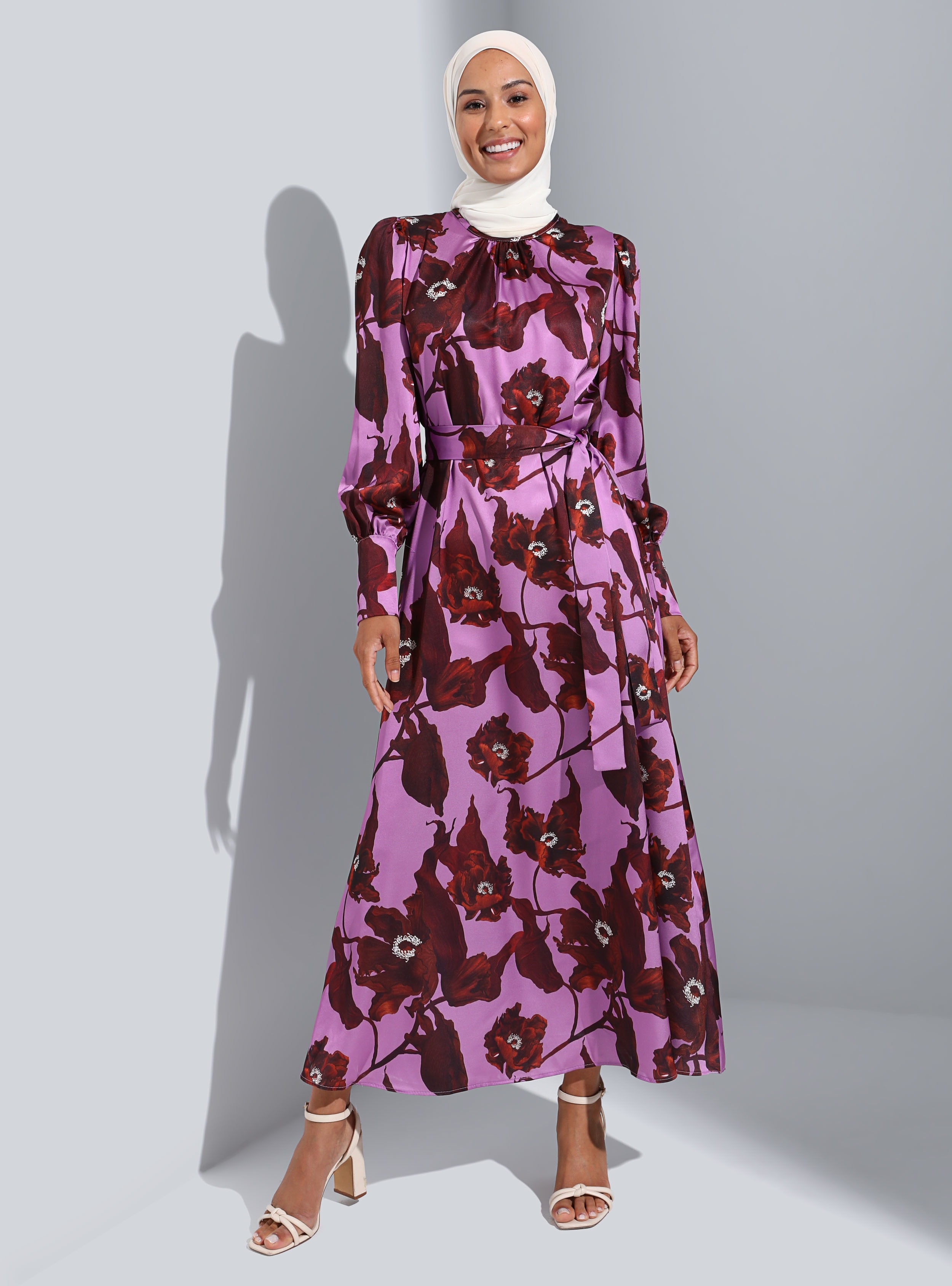 Lilac - Maroon - Floral - Crew neck - Unlined - Modest Dress