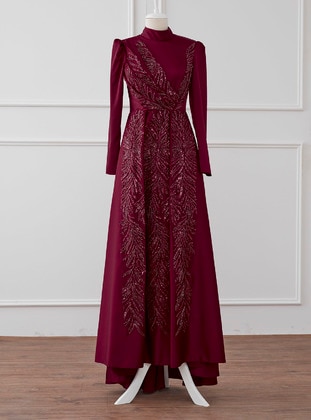 Sude Stone Embroidered Hijab Evening Dress Burgundy