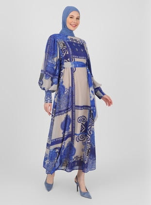 Beige - Saxe Blue - Shawl - Crew neck - Fully Lined - Modest Dress - Refka