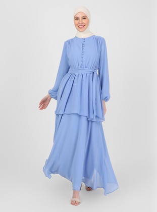 Blue - Crew neck - Fully Lined - Modest Dress - Refka