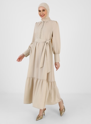 Stone Color - Crew neck - Unlined - Modest Dress - Refka