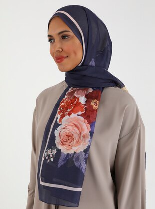 Flower Patterned Cotton Shawl Navy Blue