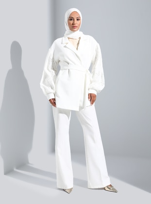 Off White - Fully Lined - Shawl Collar - Jacket - Refka