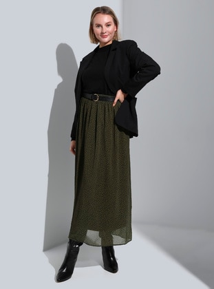 Black - Khaki - Polka Dot - Fully Lined - Plus Size Skirt - Alia