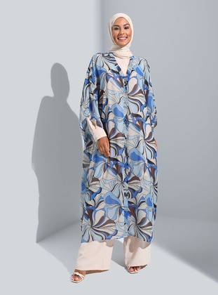 Ecru - Saxe Blue - Floral - Unlined - Double-Breasted - Abaya - Refka