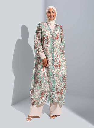 Brown - Green - Floral - Unlined - Double-Breasted - Abaya - Refka