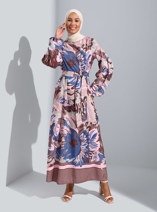 Powder Pink - Saxe Blue - Floral - Crew neck - Unlined - Modest Dress - Refka