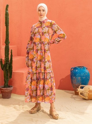 Lilac - Salmon - Floral - Point Collar - Fully Lined - Modest Dress - Refka