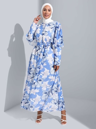 Ecru - Blue - Floral - Crew neck - Fully Lined - Modest Dress - Refka