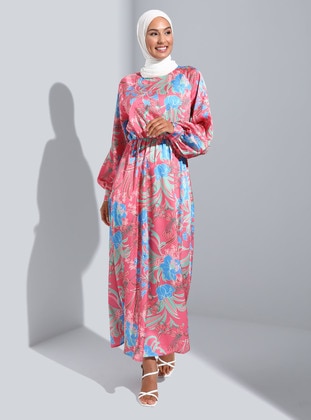 Blue - Coral - Floral - Crew neck - Unlined - Modest Dress - Refka
