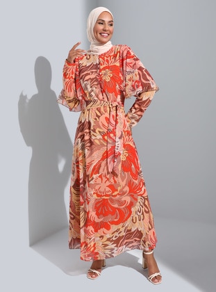 Salmon - Orange - Floral - Crew neck - Fully Lined - Modest Dress - Refka