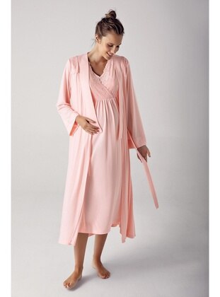 Women's Stretchy Viscose Maternity Robe Nightgown Set 13404 Powder