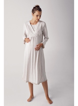 Women's Long Sleeve Stretch Cotton Fabric Maternity Nightgown 13112 Beige