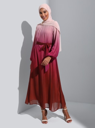 Pink - Multi - Crew neck - Fully Lined - Modest Dress - Refka
